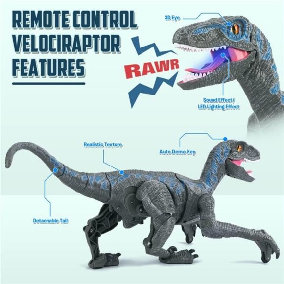 Remote Control Dinosaur Toys, Walking Velociraptor w/ Lights & Sounds for Kids - Picture 3 of 6